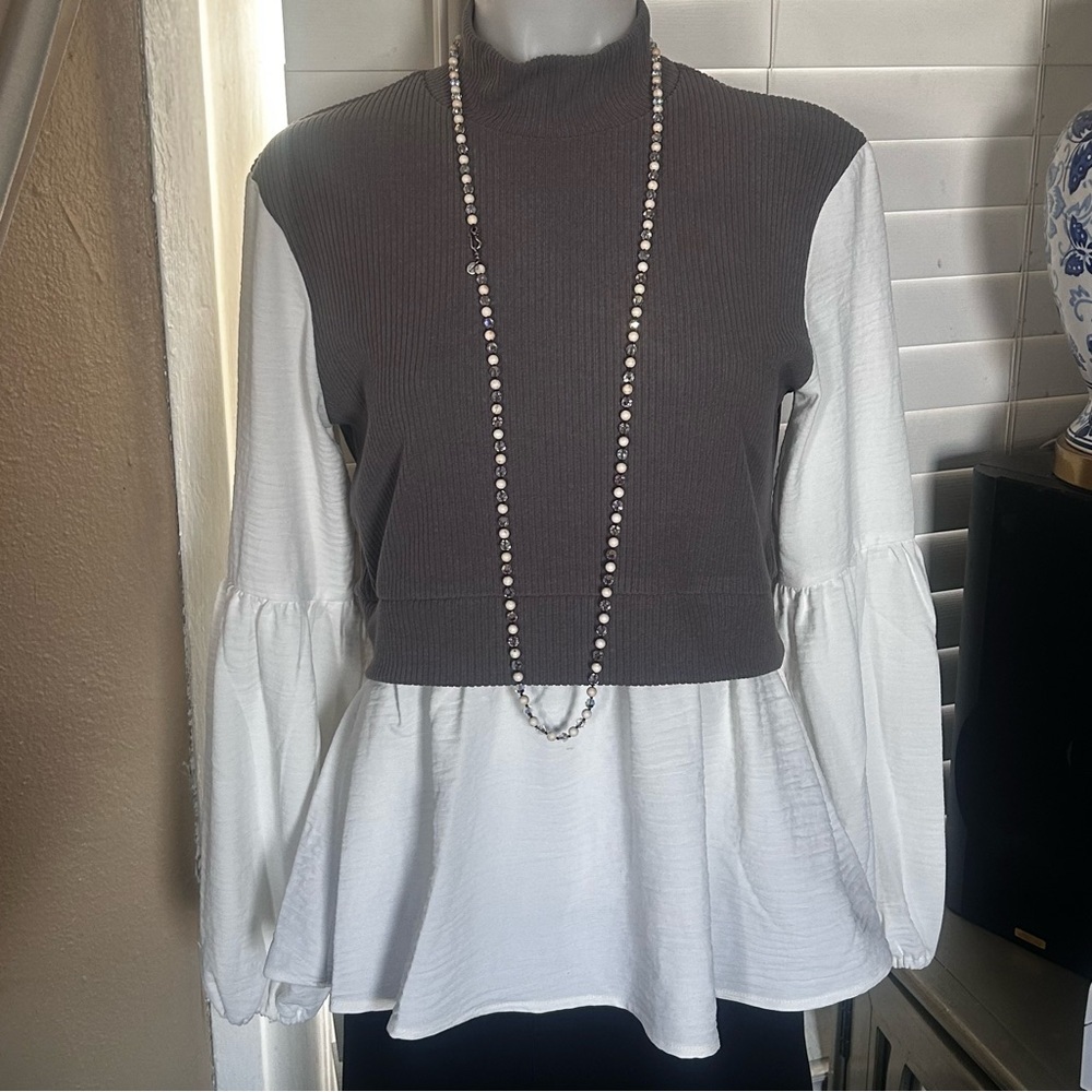 Patrizia Luca Milano Top lagenlook long bell sleeves Grey white size medium - Picture 4 of 15